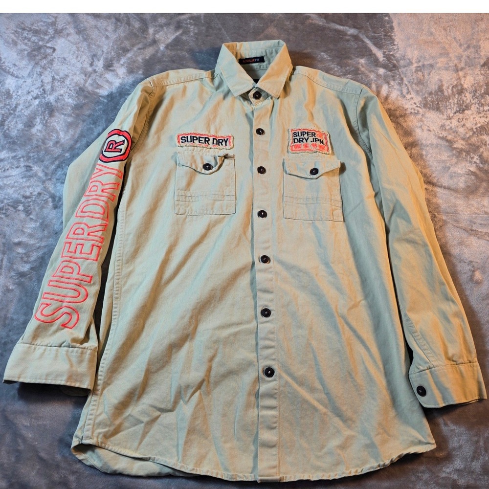 Superdry Button Up Twill Shirt Mens L Khaki Embroidered Logo Regular Fit